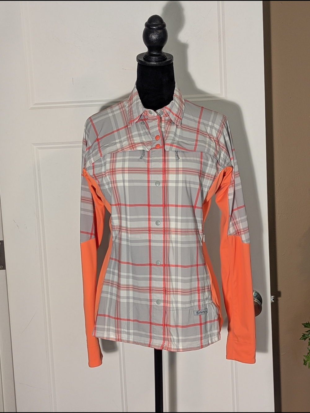 Simms Guide Series Gray Plaid Shirt with Orange Sleeves. Fishing. Sz S/P.